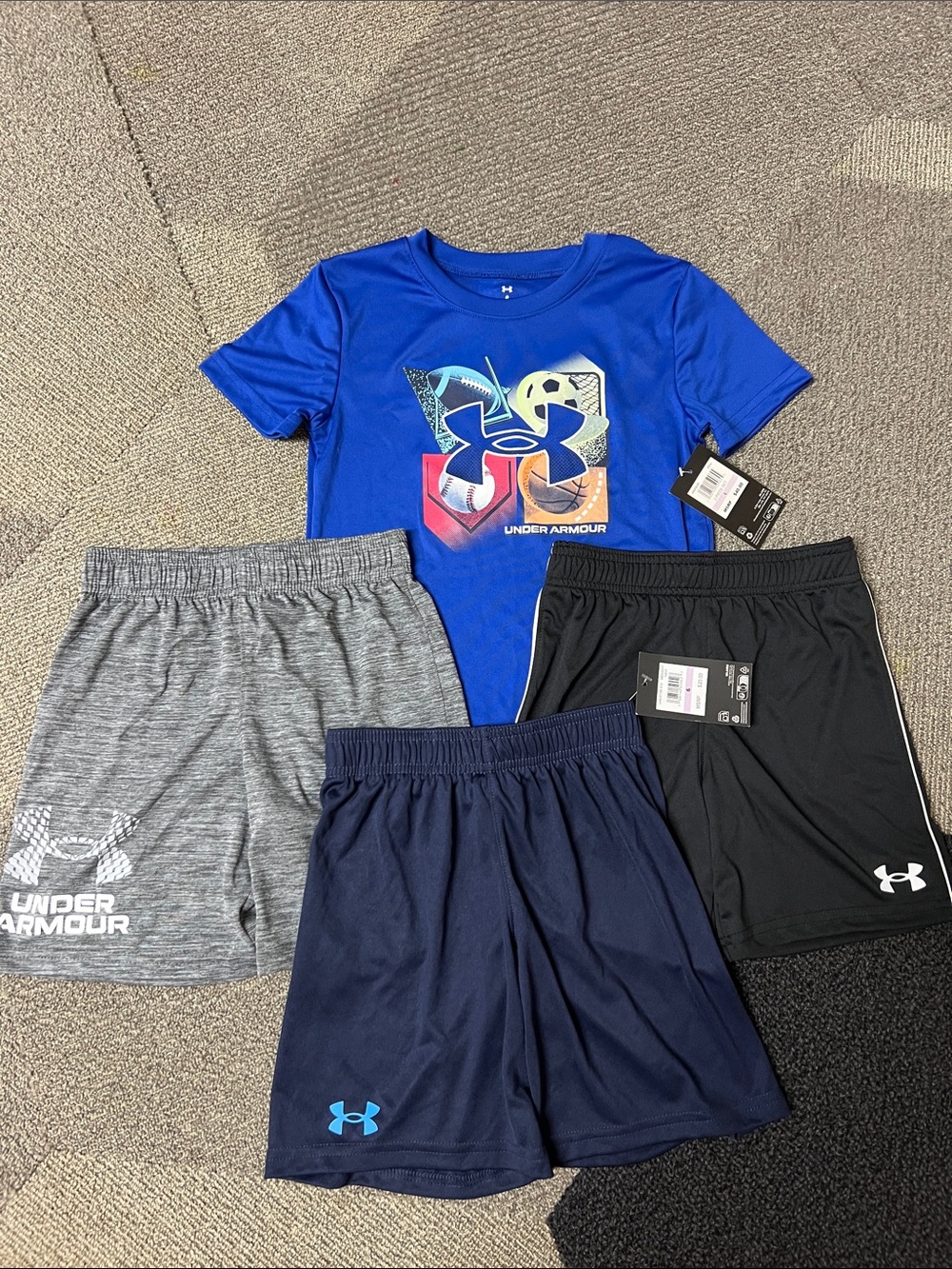Under Armour Boys Royal Blue Tee w/ Gray, Navy & Black Shorts 6 NWT